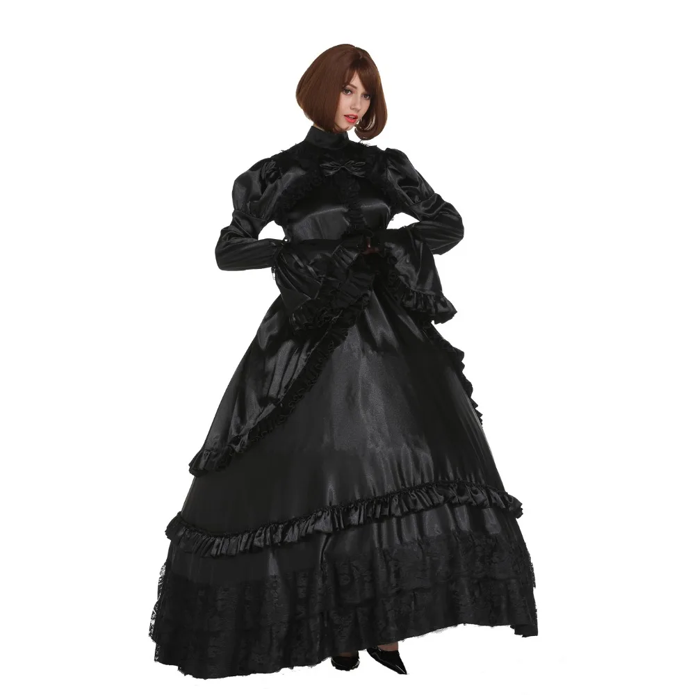 Черное атласное платье для косплея в готическом стиле с большим рукавом