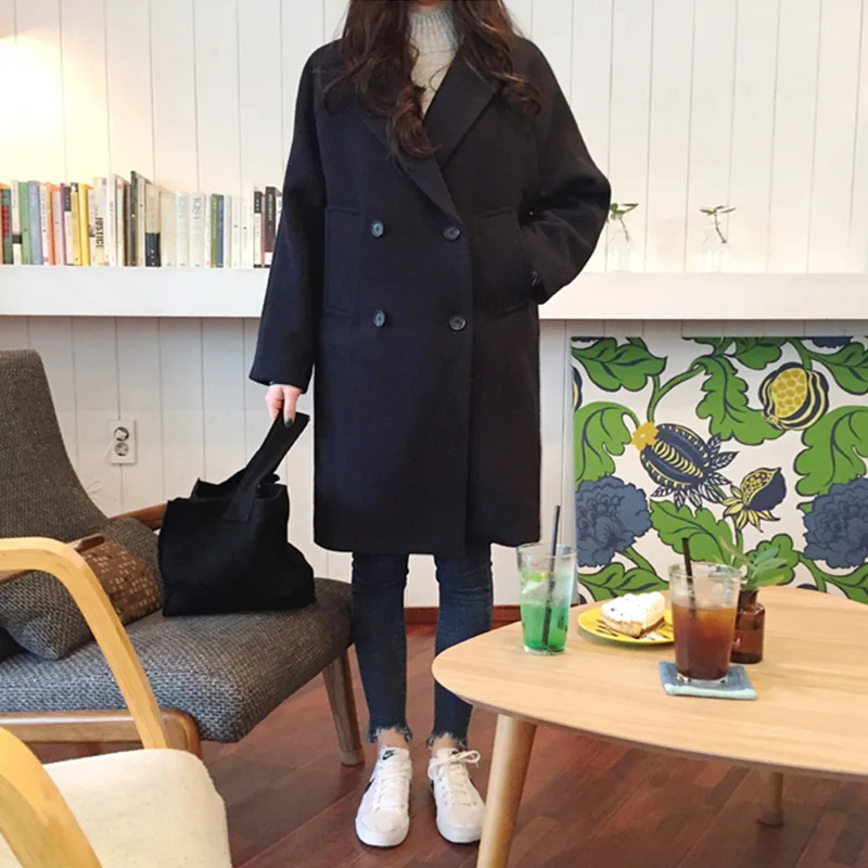 Женское шерстяное пальто с длинным рукавом и отложным воротником повседневное