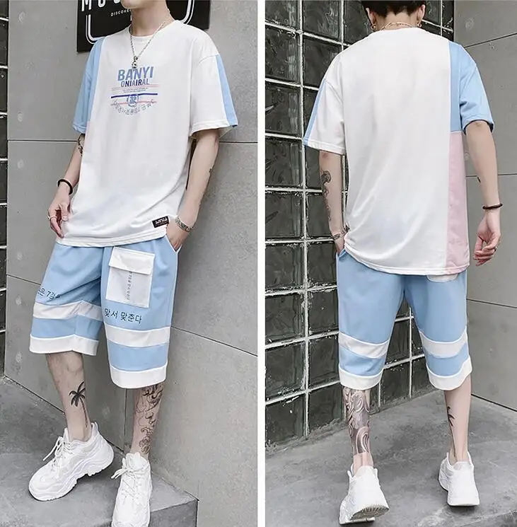 Rlyaeiz High Quality 2019 Summer Men Tracksuit Sets Casual Color Patchwork Letter Printed T shirts + Shorts Male Sporting Wear | Мужская