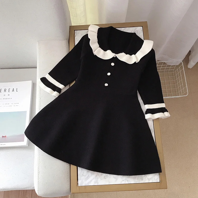 Осенне-зимнее платье для девочек; vestidos; трикотажная одежда для детей; Брендовая детская одежда; однобортное платье с вырезом в виде лепестков для детей 3-9 лет