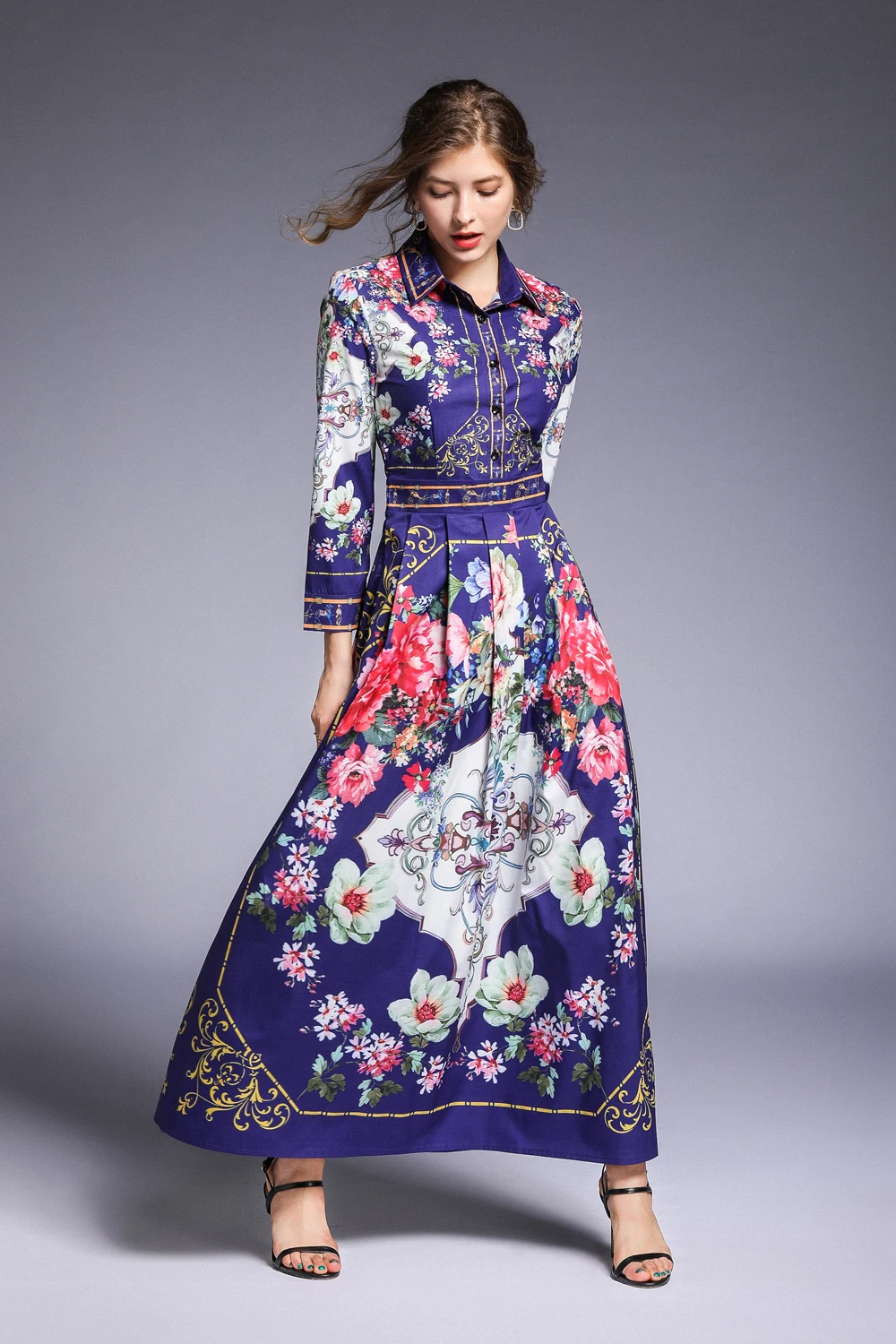 2019 Spring Summer Fall Runway Vintage Floral Print Collar Long Sleeve Empire Waist Women Lady Party Casual A-Line Maxi Dress | Женская