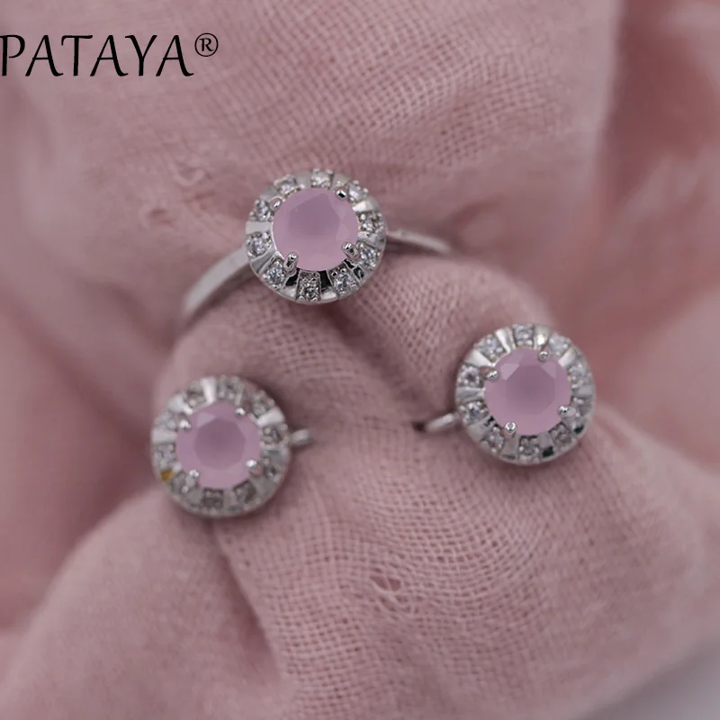 pink PATAYA, Новое поступление, зеленый круглый природный Цирконий, серьги, кольца, наборы, женские, романтические, свадебные, вечерние ювелирные изделия, Настоящее Белое золото, ювелирные изделия - Окраска металла: pink
