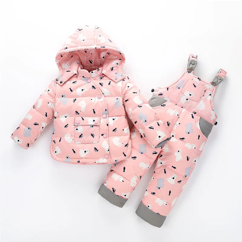 Pink Winter Children Clothing Set Russia Baby Girl Snow Suit Sets Boy's Outdoor Sport Kids Down Coats Jackets+trousers-30degree - Цвет: Pink