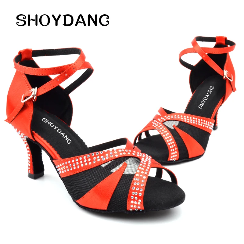 Women's Latin Dance Shoes Soft Dancing Shoes Salsa Rhinestones Brown /Red Satin Latin Dance Shoes Cuba 7.5cm heel