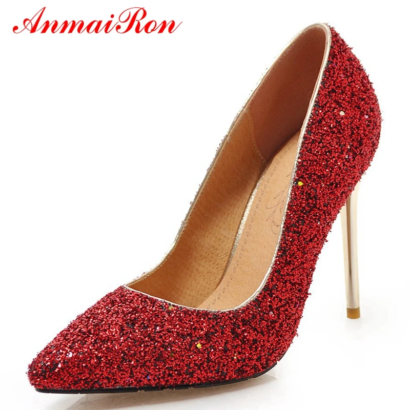 

ANMAIRON Sequined Cloth Pointed Toe Casual Women Basic Super High (8cm-up) Thin Heels Pumps 2019 Big Size 34-43 LY1011