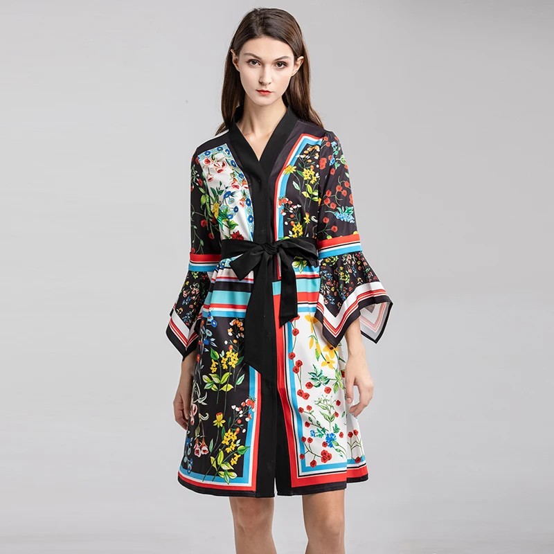 2019 Summer Pretty Floral Print Dress High Quality Fashion V_neck Three Quarter Flare Sleeve Loose Cute With Sashes | Женская одежда