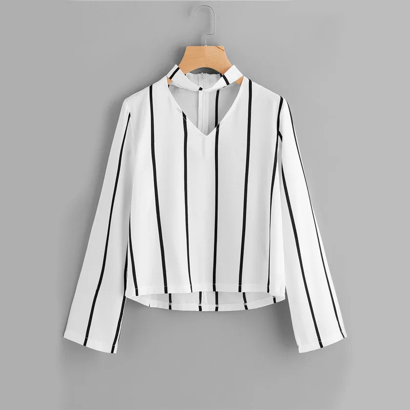 Полосатый скрещенный Передний эластичный подол Женские Гавайские блузки с