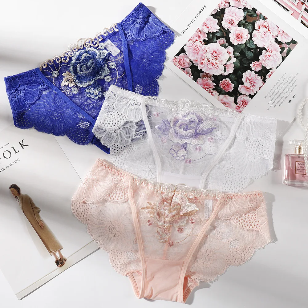 1PCS Sexy Lace Women's Transparent Seamless Embroidery Rose Comfortable Brief Intimate Female Briefs Cotton Underwear LZX-0057 |
