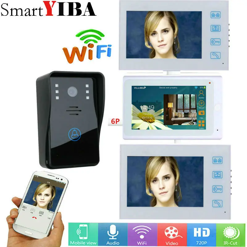 Видеодомофон SmartYIBA 7 дюймов 3 белых монитора проводной/беспроводной Wi-Fi IP 1000TVL