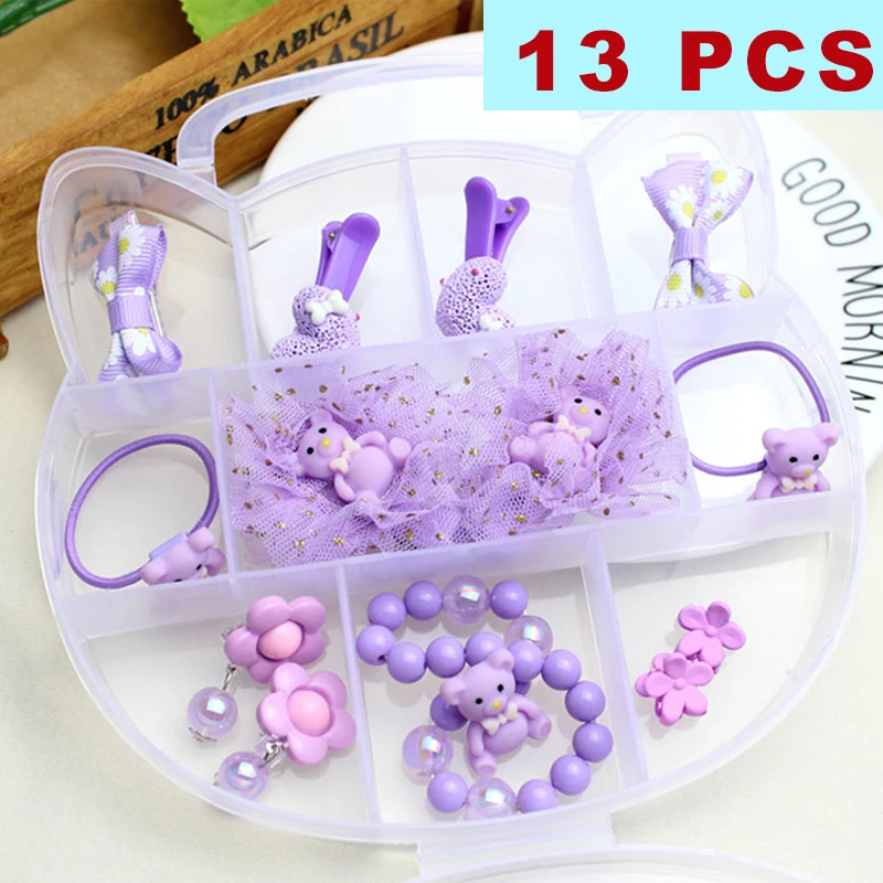 New kids Christmas Jewelry Combination Girls Gift Box Purple bear Necklace Hairpin Hairband Bracelet Earrings Set Year | Детская одежда