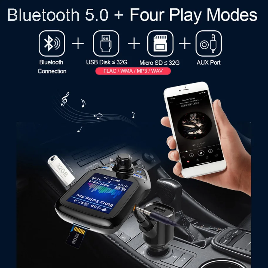AGETUNR 1," TFT цветной дисплей QC3.0 Быстрая зарядка AUX Bluetooth автомобильный комплект громкой связи fm-передатчик MP3 музыкальный плеер 3 USB порта