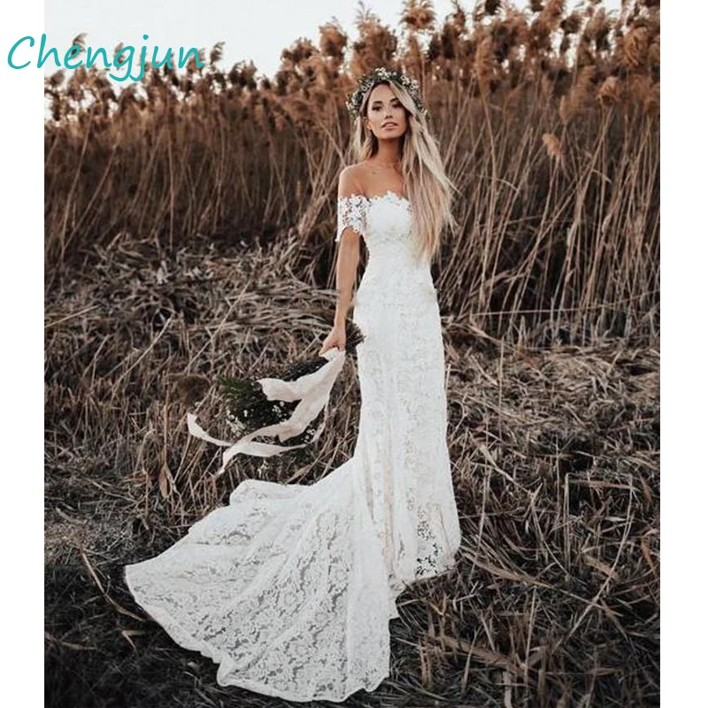 

Chengjun, милое, с открытыми плечами, с коротким рукавом, кружевное свадебное платье-русалка в стиле бохо