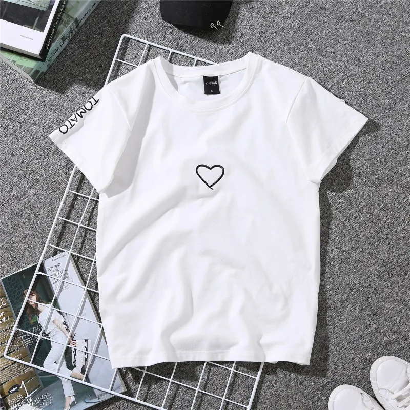 2020 Summer Couples Lovers T-Shirt For Women Casual White Tops Tshirt T Shirt Love Heart Embroidery Print Female | Женская одежда
