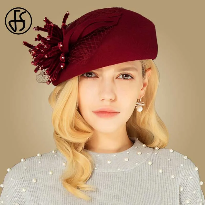 Женский шерстяной фетровый берет FS шляпка-федора винного цвета с вуалью для