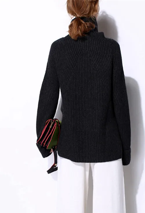 pure goat cashmere women's fashion pullover sweater irregular long turtleneck loose languid casual style solid color S/M/L | Женская