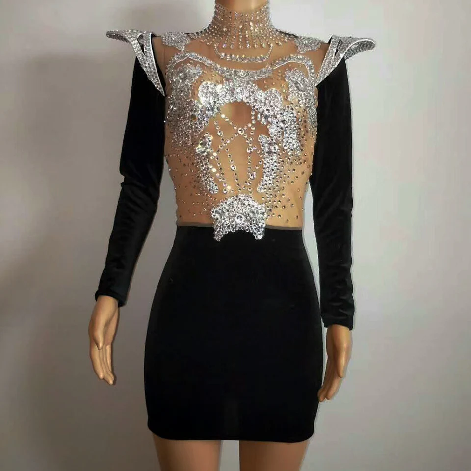 Sexy Crystals Women Dress DJ DS costume Singer Dancer party performance nightclub bar Model catwalk see-through one piece dress |