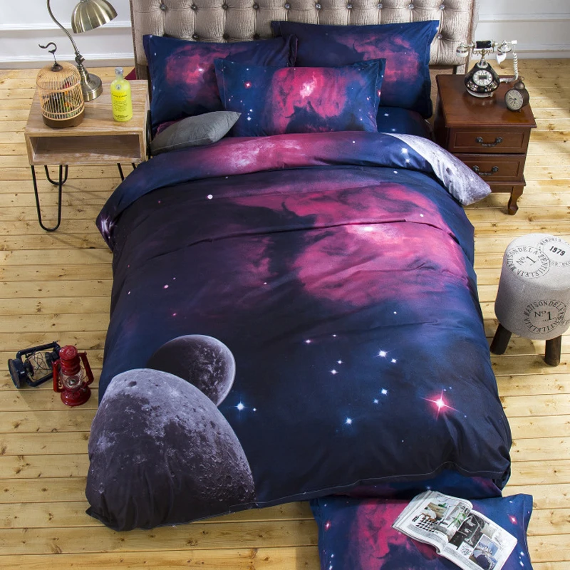 

Комплект постельного белья с 3D принтом туманности звездного неба, простыня, пододеяльник, наволочка, комплект для кровати с блестящим звездным небом для детей и взрослых