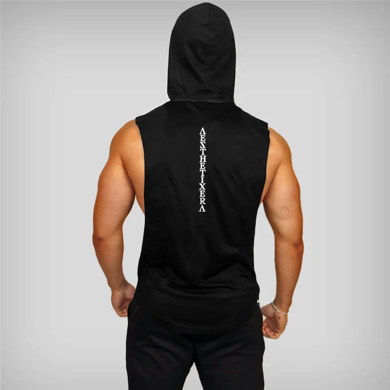 Тренажеры торговой марки muscleguys одежда для фитнеса с капюшоном майка Мужская Бодибилдинг Стрингер майка для тренировки без рукавов толстовка рубашка - Цвет: Черный
