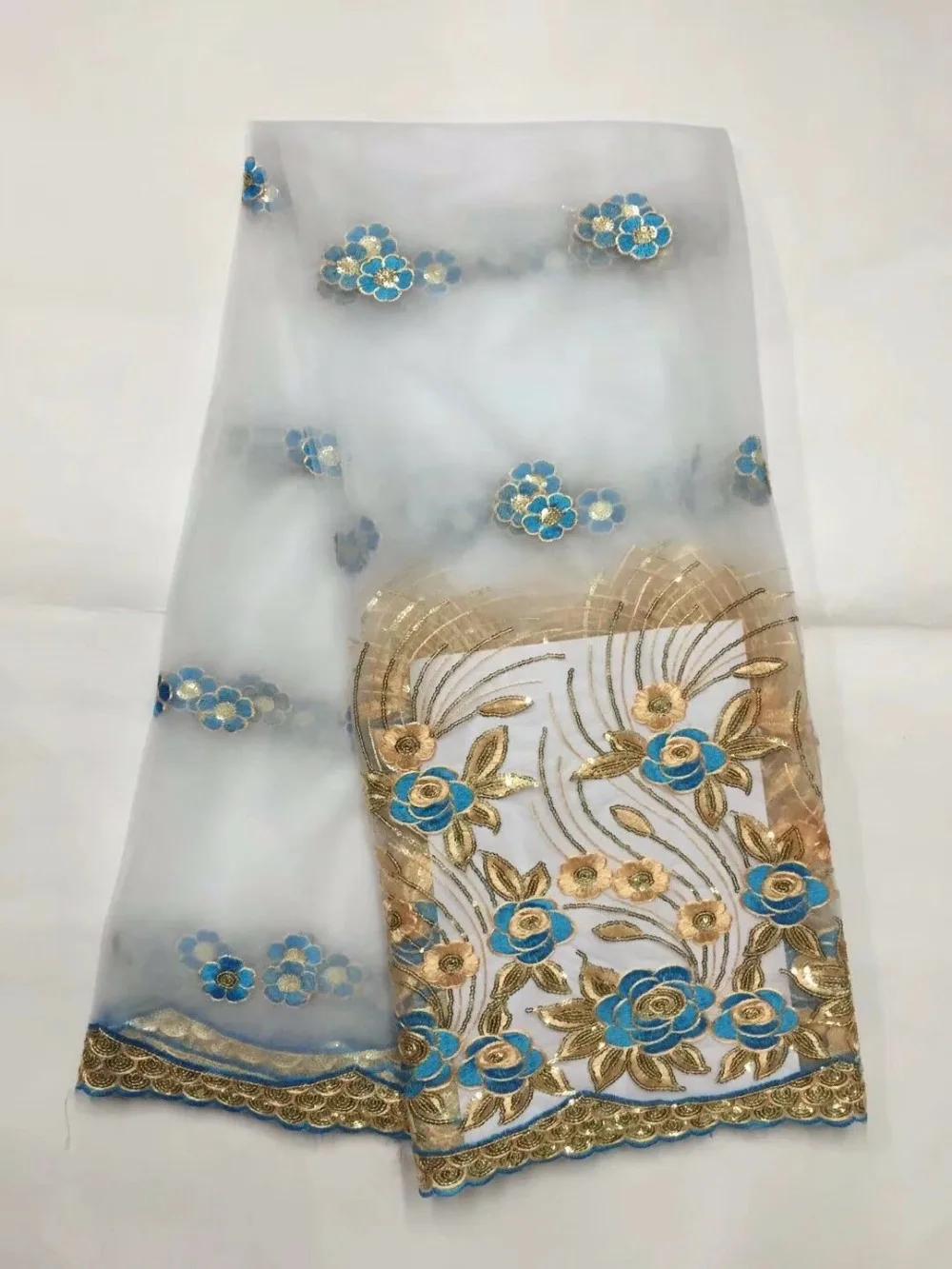 5 ярдов/шт Новая мода королевский синий французский чистая кружева с золотыми