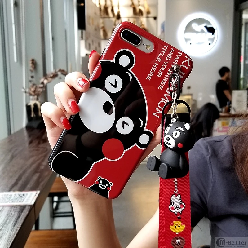 For iPhone X cartoon case Kumamon bear silicone back cover for 7/8 plus shell 6 6s plus+ cute toy holder + strap |