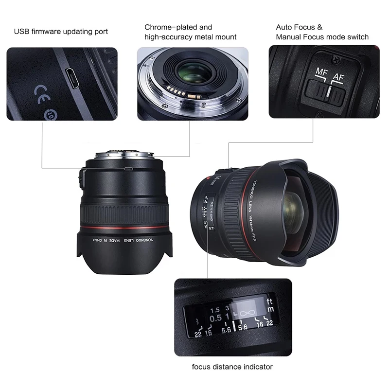 Объектив камеры Yongnuo 14 мм F2.8 для Canon EOS 700D Nikon D5300 YN14mm F2.8N ультра-широкоугольный