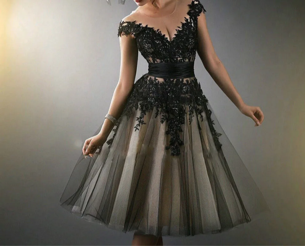 High Quality Elegant Women Floral Lace Short Black Sleeve Evening Party Formal Dress | Женская одежда