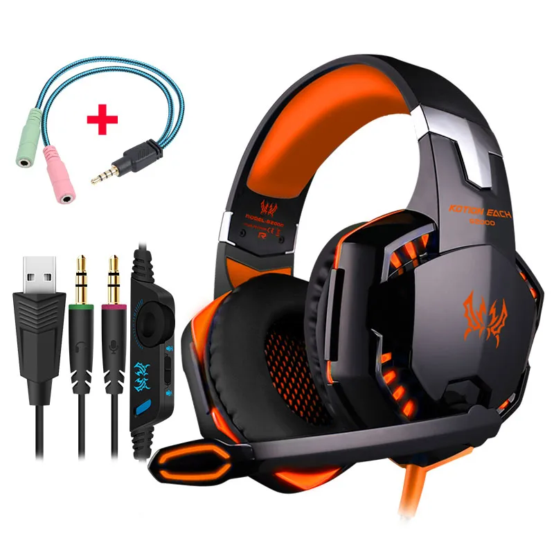 kotion each G2000 игровые наушники с микрофоном для компьютера пк наушники игровые со Светом 3.5 мм Проводной гарнитура Глубокий Бас Уменьшения Шума - Цвет: Orange With Cable