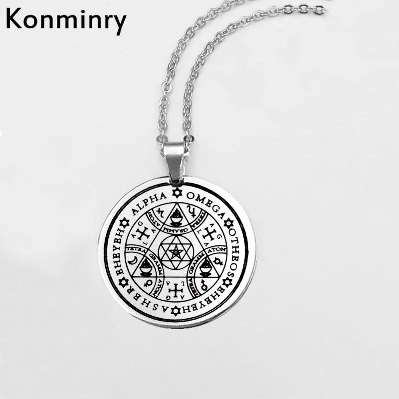 Konminry Sigil Magic Wicca, ожерелье из нержавеющей стали, круглая подвеска, уплотнения семи архангелей, греческий алфавит, ювелирные изделия, подарки