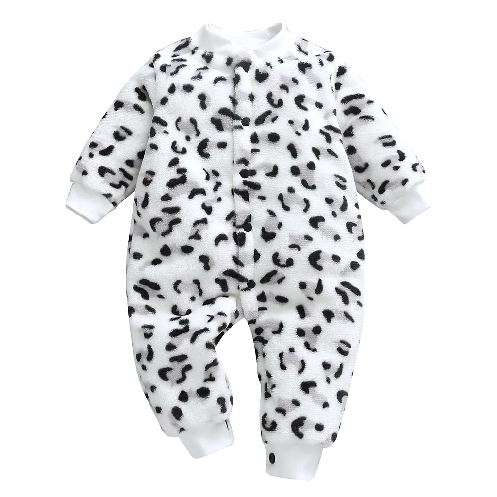 White Leopard Print Baby Rompers Winter Warm Fleece Clothing Set for Boys Cartoon Infant Girls Clothes Newborn Overalls Baby Jumpsuit - Цвет: White