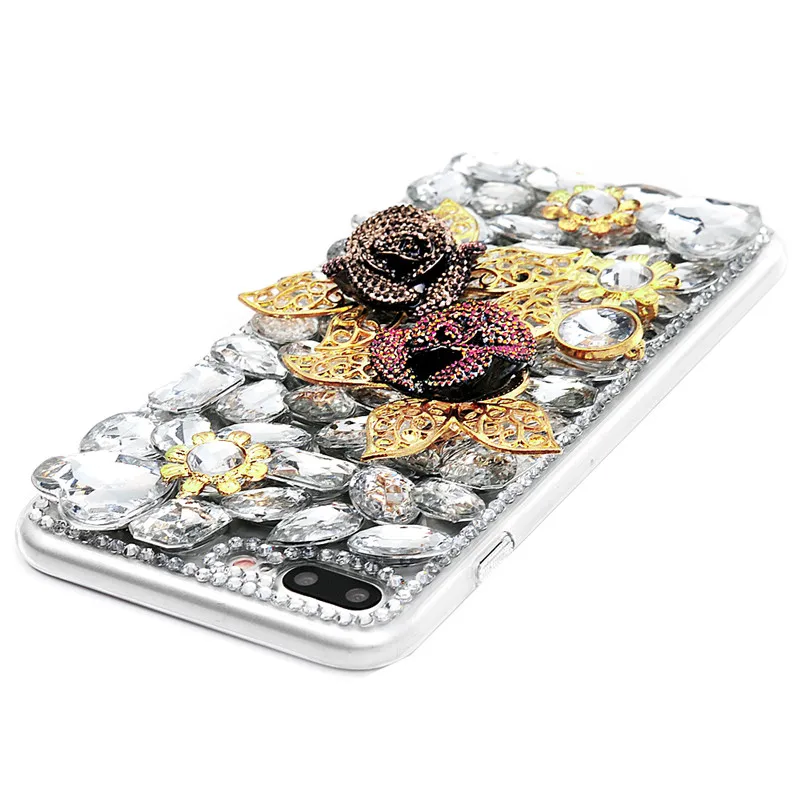 3D горный хрусталь чехол для iPhone X 6 S 7 8 плюс Золотая Роза Листья Bling С кристалалми и