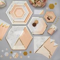 rose gold party disposable tableware gilding paper strawscup marble plates table decoration weddingbirthdayparty supplies
