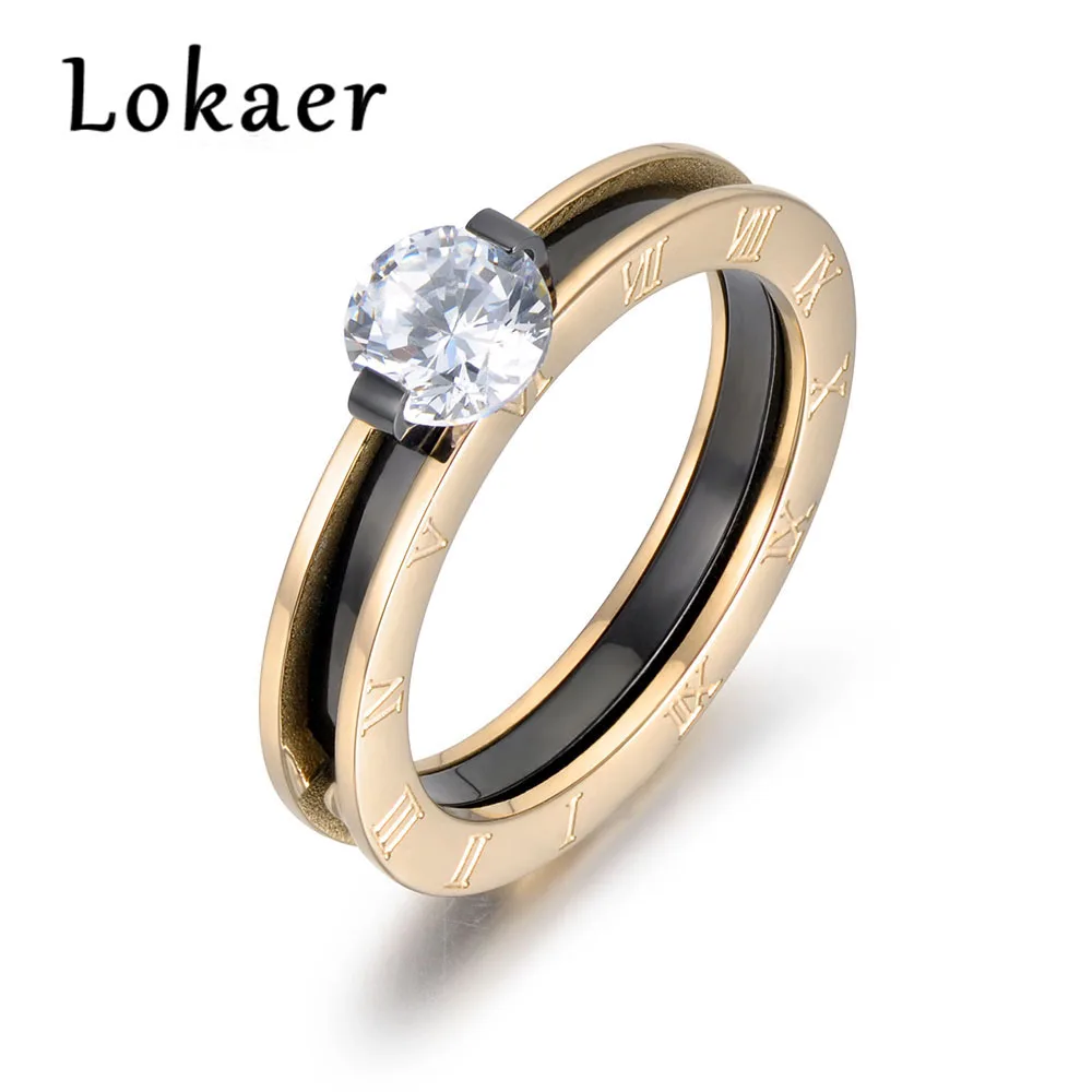 Gold Lokaer, классическое Золотое обручальное кольцо с кубическим цирконием, ювелирные изделия из нержавеющей стали, кольца с римскими цифрами для женщин, Anneau R180260433 - Цвет основного камня: Gold