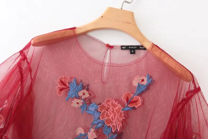 OMCHION Blusas Mujer 2017 New Summer Floral Embroidery Blouse Women Butterfly Sleeve Shirt Loose Transparent Mesh Top LS210 |