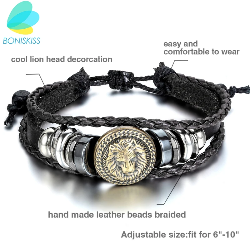 Винтажный Многослойный кожаный браслет BONISKISS с рисунком льва коричневый черный