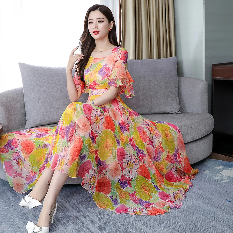 2019 Цветочные шифоновые облегающие пляжные макси платья летние винтажные 3XL плюс