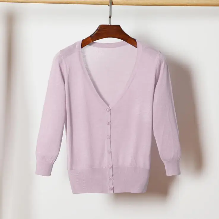 light purple Queechalle 28 цвета V средства ухода за кожей Шеи Три четверти короткий вязаный кардиган пальто лето г. для женщин Ice Шелковый Тонкий пальт - Цвет: light purple
