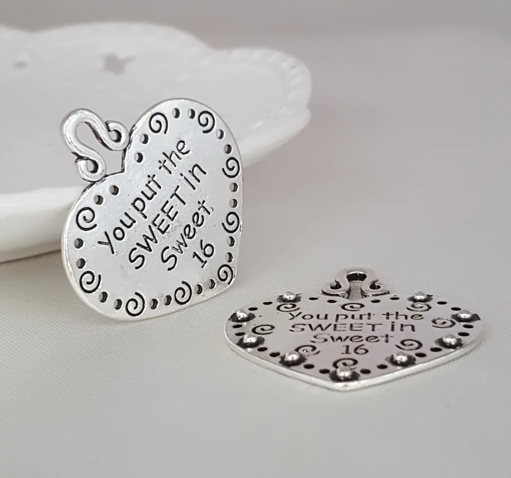 

50pcs 35*38mm Ancient silver color Heart Shape lettering You put the SWEET in Sweet 16 wedding charm pendant DIY for necklace