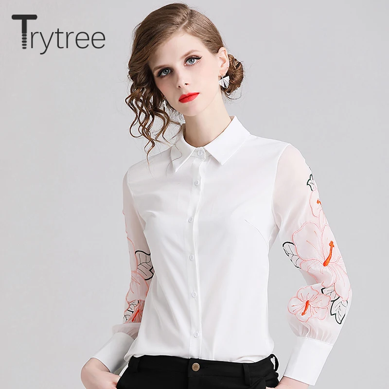 Trytree лето осень женская блузка Повседневная Вышивка рукава полиэстер рубашка