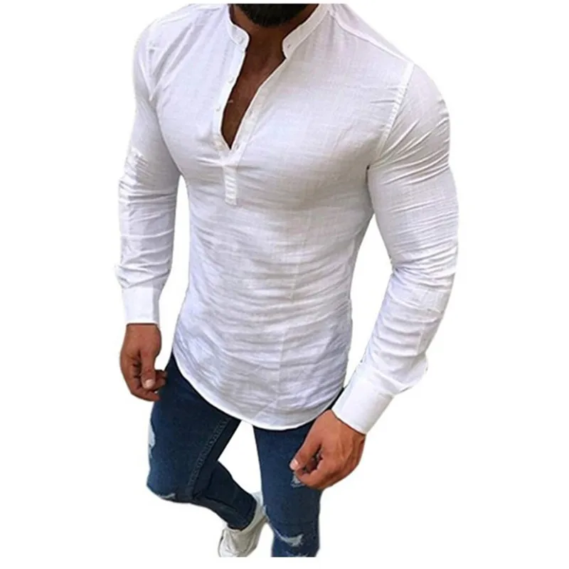 Хлопковая льняная рубашка с длинным рукавом и v образным вырезом на пуговицах