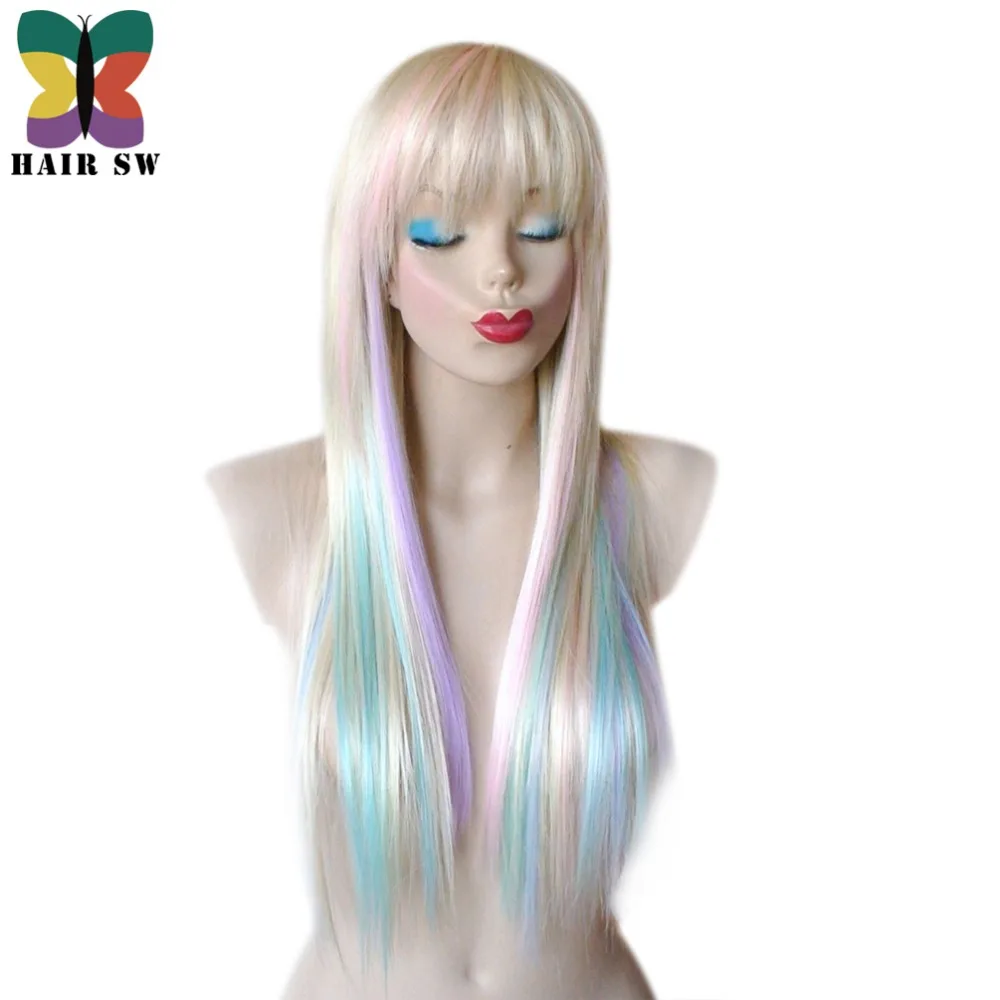 Ful Highlights Blonde Rainbow Wig Pastel Heat Resistant With Bangs