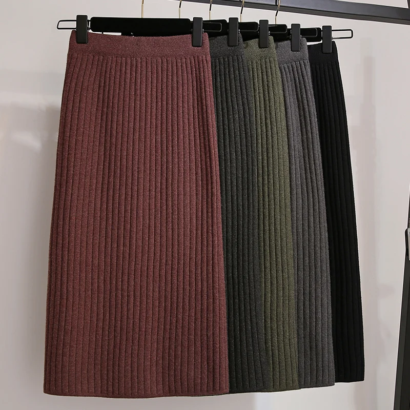 

OllyMurs Women Midi Knitted Skirt 2018 Autumn Winter Sexy Split High Waist Skirts Bodycon Knee Length Skirt Jupe Longue Femme