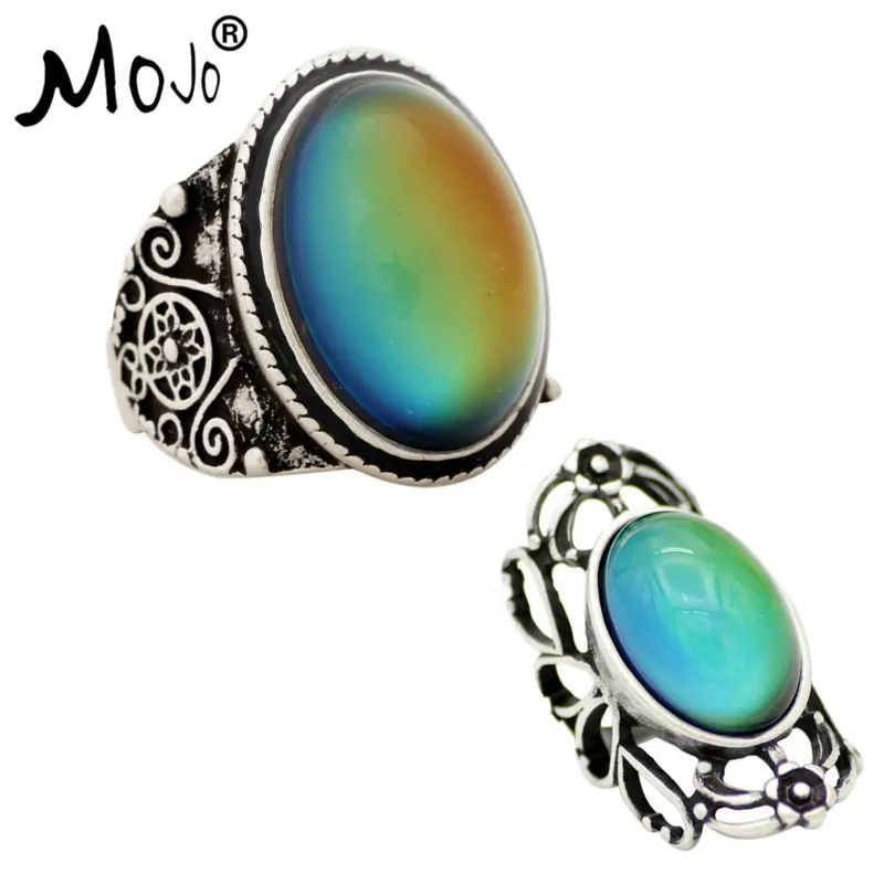 

2PCS Antique Silver Plated Color Changing Mood Rings Changing Color Temperature Emotion Feeling Rings Set For Women/Men 004-053