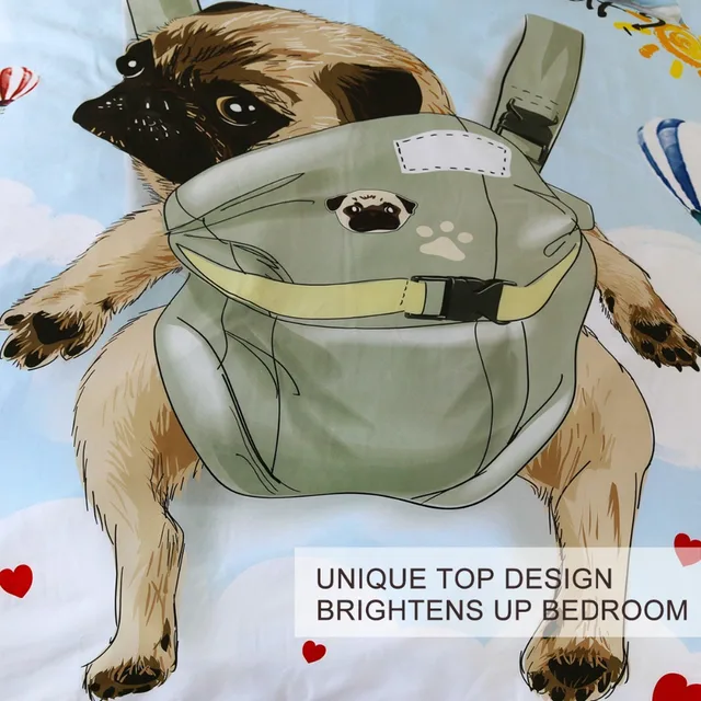 BlessLiving Pug Bedding Set Lovely Bulldog Duvet Cover Cartoon Cute Paws Kids Bed Linen Backpack Blue Sky Home Textiles 3pcs 2