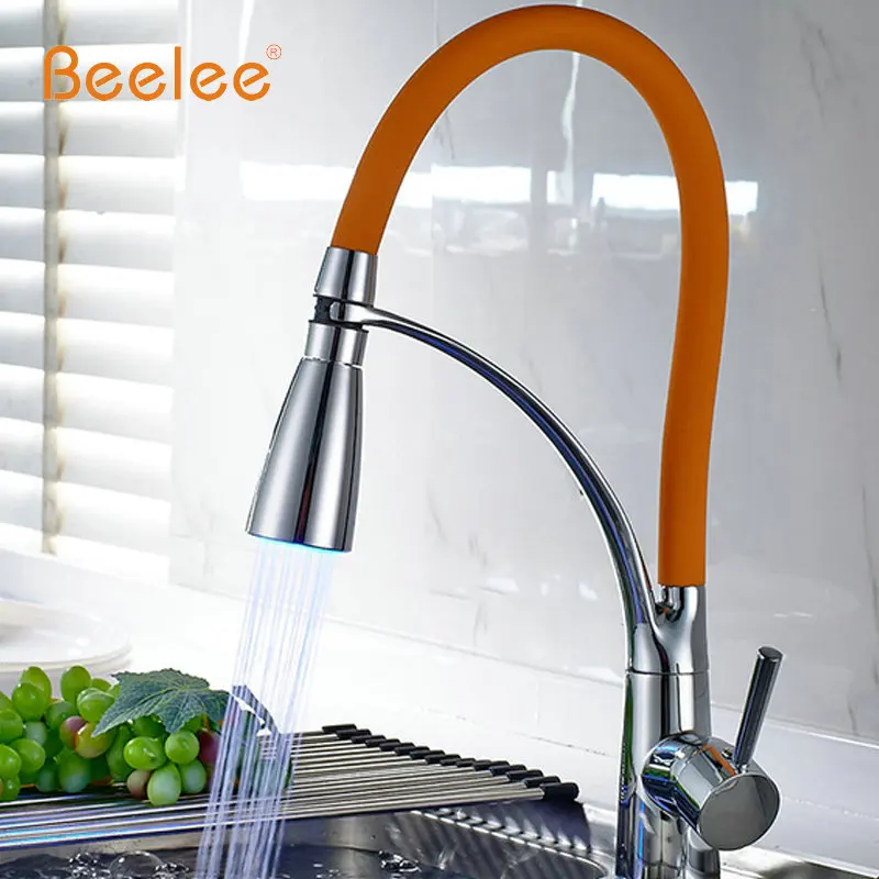 Beelee кухонный кран выдвижной хромированный оранжевый цвет 360 градусов