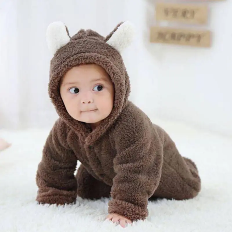 Winter Flannel Baby Boy Cartoon Animal 3D Bear Ear Jumpsuit Warm Newborn Clothes Infant Romper 0-12M |