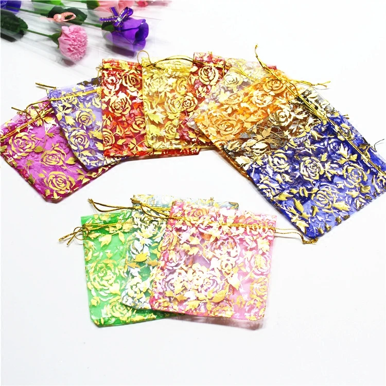 

17x23cm Organza Bags Gold Thread Drawstring Party Voile Bag 9" 6.7" Gold Rose Hot-stamping Bag For Xmas New Year Candy Gift