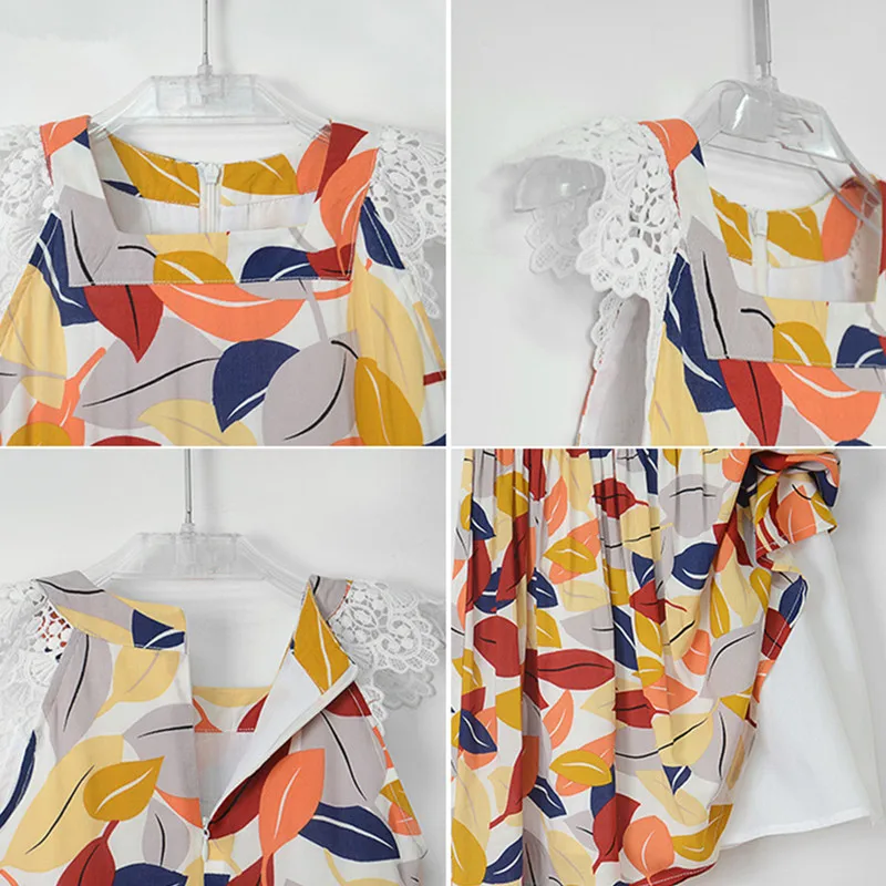 3 to 10 years kids & big girls summer leaves print square collar lace cap sleeve flare dresses children fashion casual dress | Детская