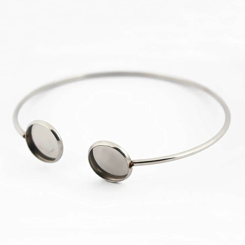 Stainless Steel Bracelet Double 12mm Round Bezel Glass Cameo Cabochons Wire Open Cuff Bangle No Fade Wrist DIY Findings | Украшения и
