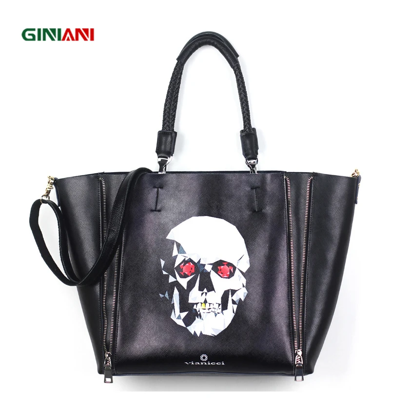 Женская сумка-тоут из натуральной кожи с двойной молнией рисунком черепа | Багаж