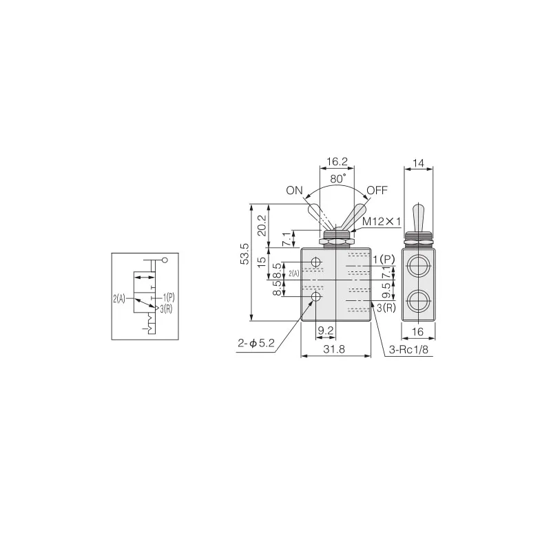 

1/8"PT Thread 2 Position 3 Way Rectangle Mechanical Air Pneumatic Valve TAC2-31V